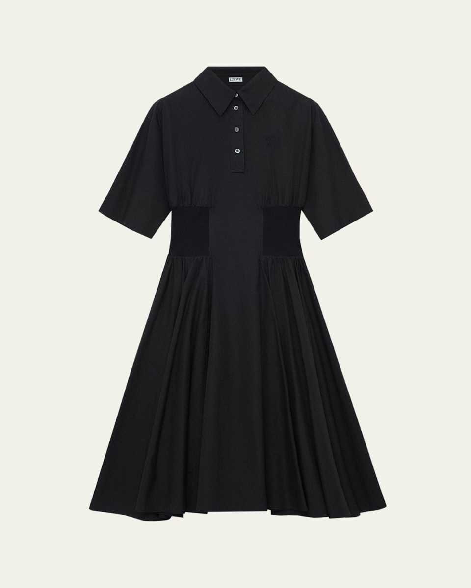 Short-Sleeve Cinched-Waist Poplin Midi Shirtdress